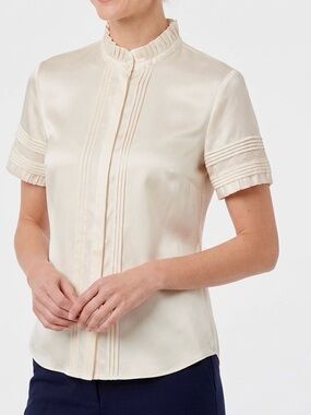ELIE TAHARI 100% Silk Ivory Ruffle Blouse Short Sleeves w Lace - Cream Satin Top